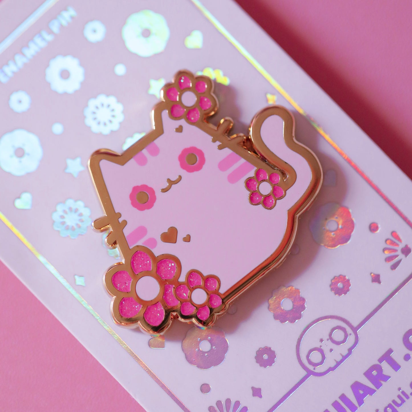 Pink Floral Cat Gold Plated Hard Enamel Pin