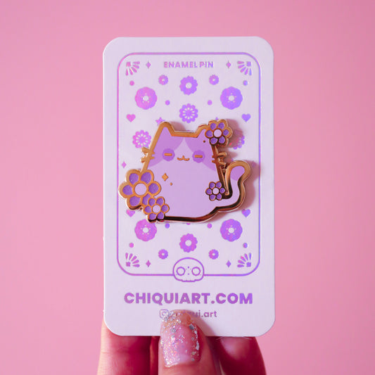 Purple Floral Cat Gold Plated Hard Enamel Pin