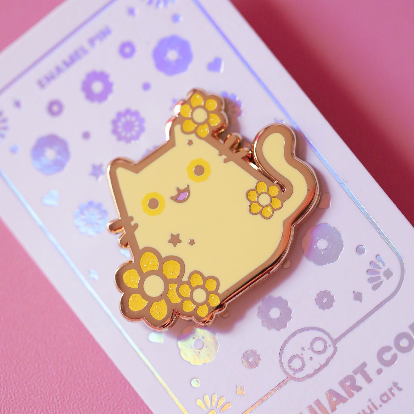 Yellow Floral Cat Gold Plated Hard Enamel Pin