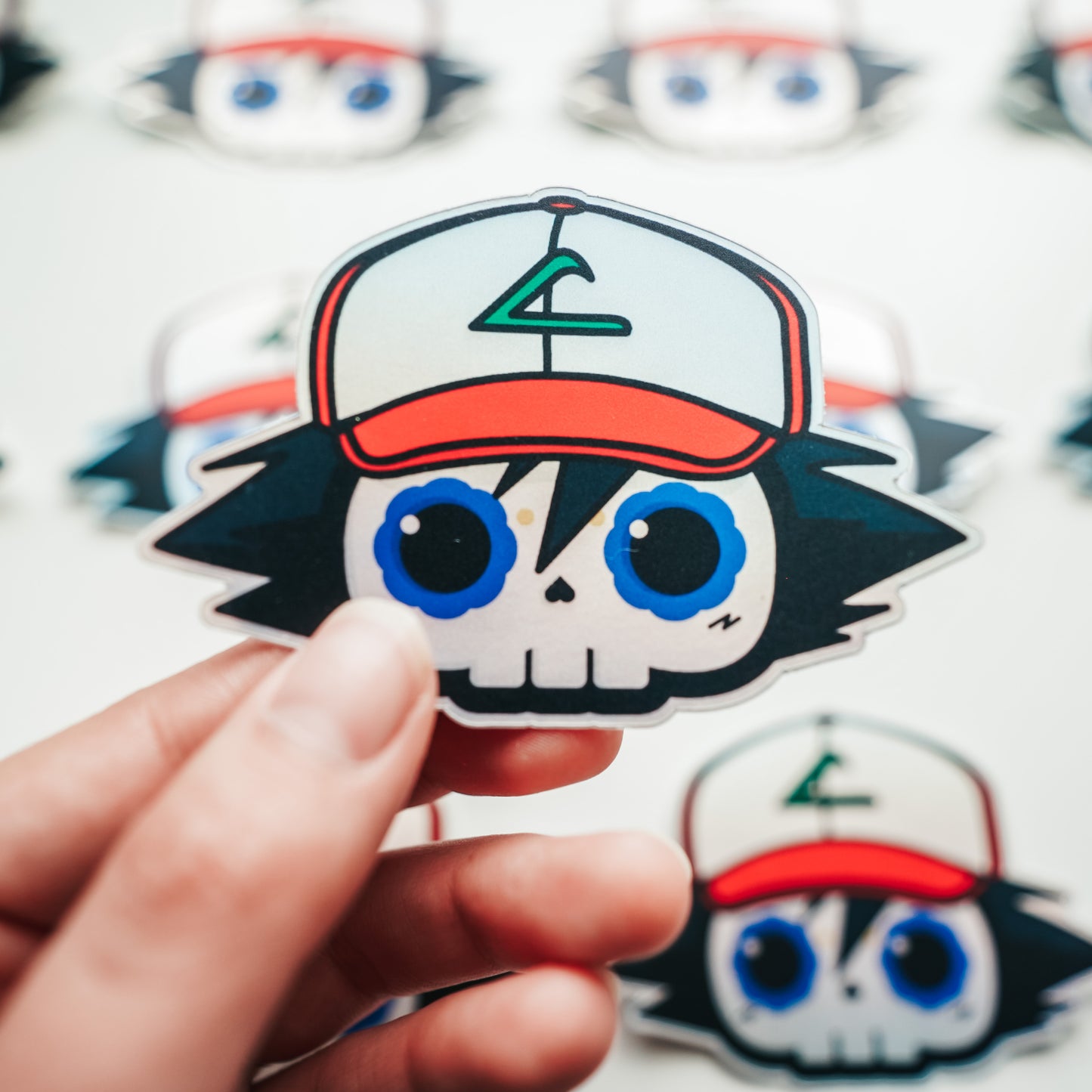 Ash Ketchum Skull Bubble-free sticker (Iridescent Matte Vinyl Holographic)