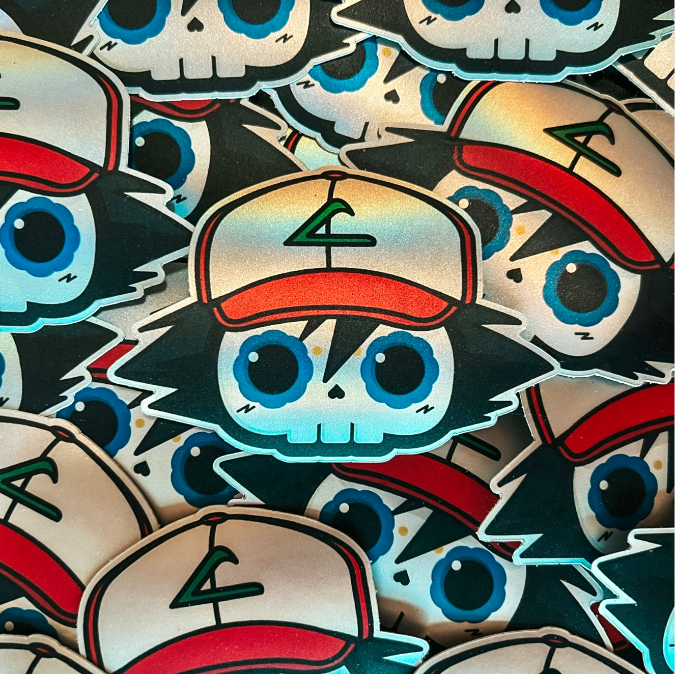 Ash Ketchum Skull Bubble-free sticker (Iridescent Matte Vinyl Holographic)