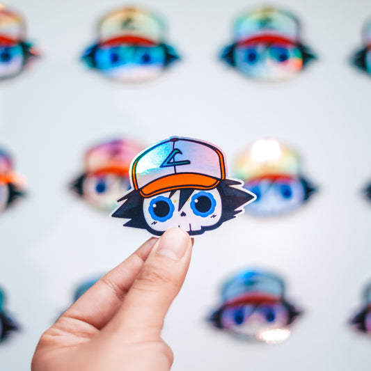 Ash Ketchum Skull Bubble-Free Sticker (Glossy Vinyl Holographic)