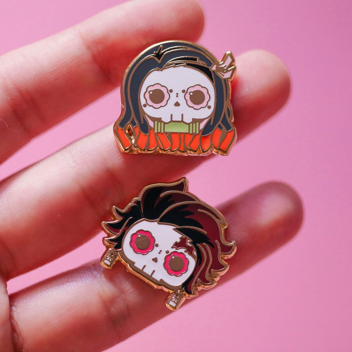 [BUNDLE] Tanjiro + Nezuko Skull Gold Plated Hard Enamel Pin